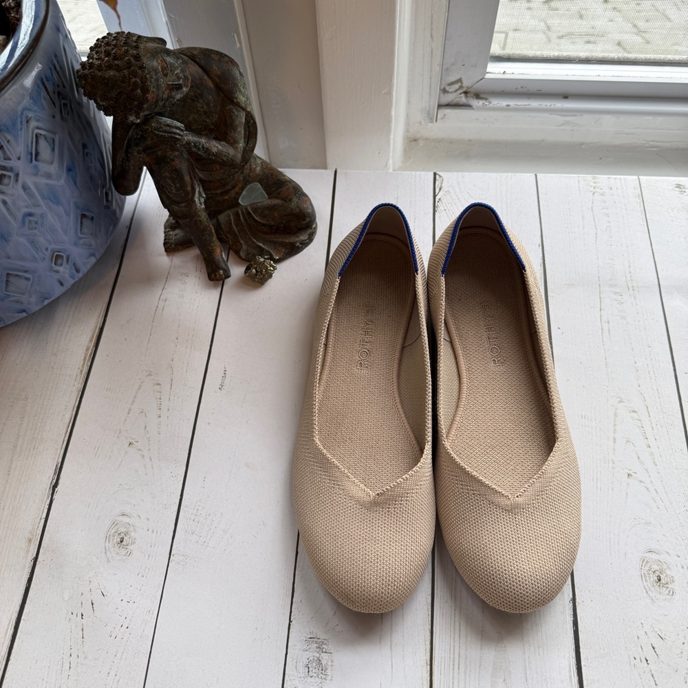 Rothy's Tan Flats with Blue Trim